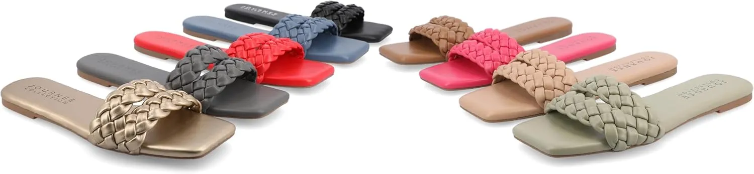 Journee Braided Open Square Toe Banded Flat Slip On Padded Sawyerr Casual Fashion Woven Slide Sandals