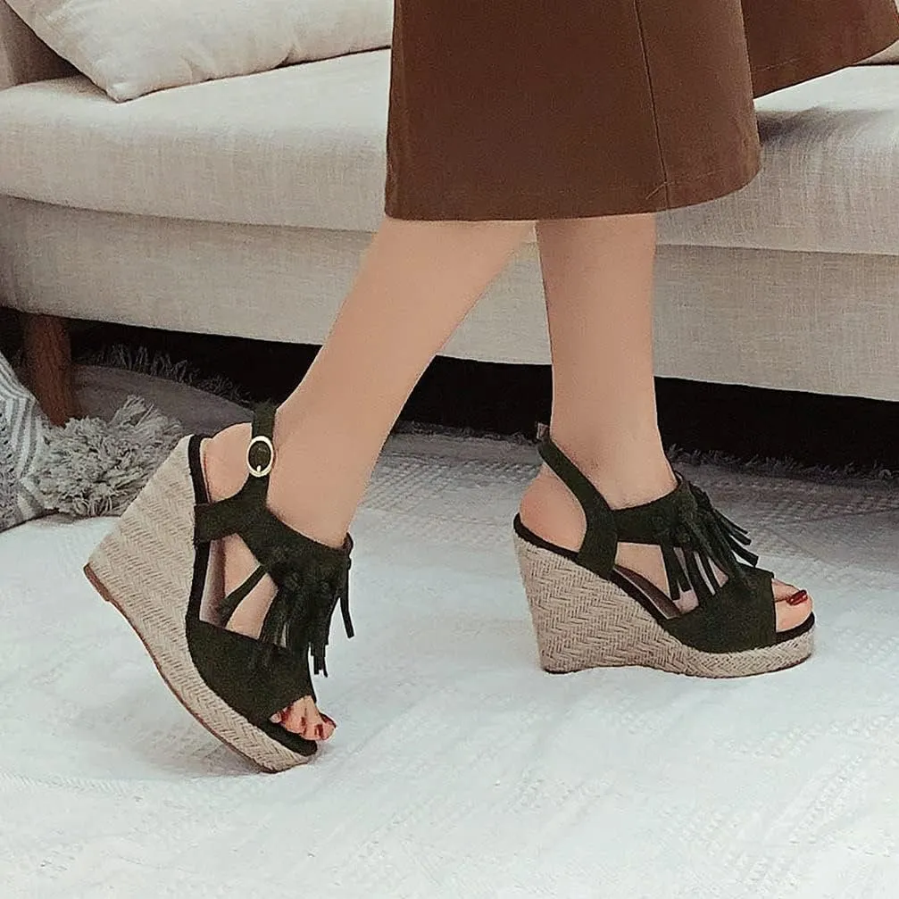 KOKOMOMO Womens Faux Suede Tassel Wedge Espadrille Platform Peep Toe Cutout Sandals