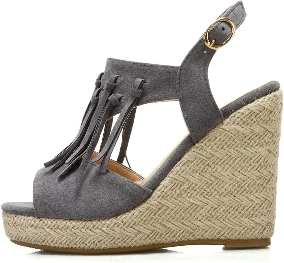 KOKOMOMO Womens Faux Suede Tassel Wedge Espadrille Platform Peep Toe Cutout Sandals