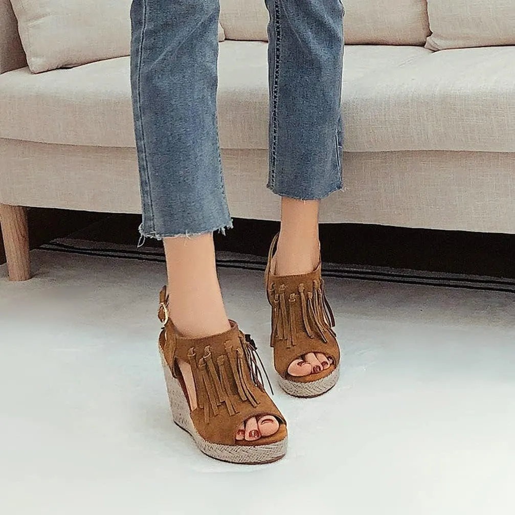 KOKOMOMO Womens Faux Suede Tassel Wedge Espadrille Platform Peep Toe Cutout Sandals