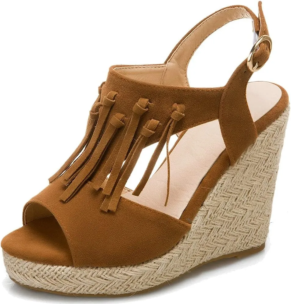 KOKOMOMO Womens Faux Suede Tassel Wedge Espadrille Platform Peep Toe Cutout Sandals