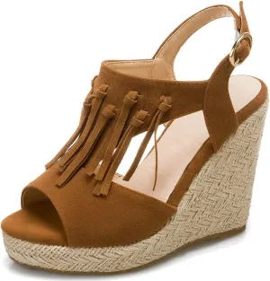 KOKOMOMO Womens Faux Suede Tassel Wedge Espadrille Platform Peep Toe Cutout Sandals