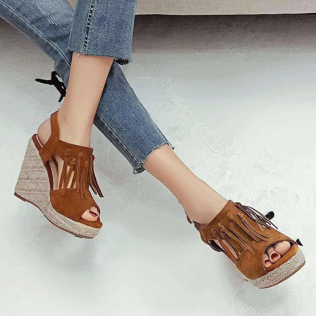 KOKOMOMO Womens Faux Suede Tassel Wedge Espadrille Platform Peep Toe Cutout Sandals