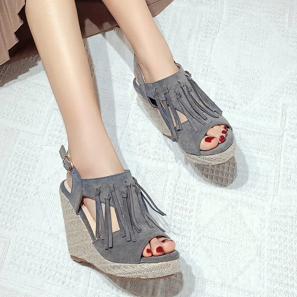 KOKOMOMO Womens Faux Suede Tassel Wedge Espadrille Platform Peep Toe Cutout Sandals