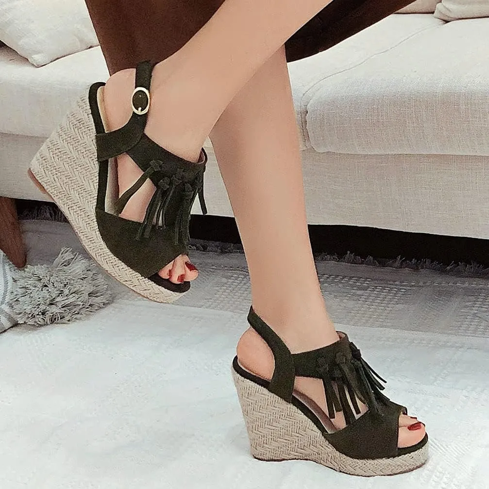 KOKOMOMO Womens Faux Suede Tassel Wedge Espadrille Platform Peep Toe Cutout Sandals
