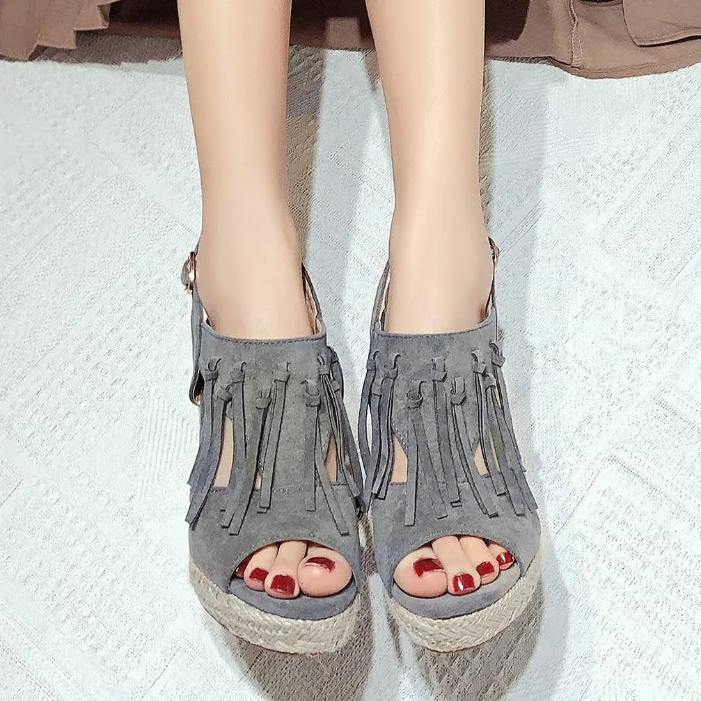 KOKOMOMO Womens Faux Suede Tassel Wedge Espadrille Platform Peep Toe Cutout Sandals