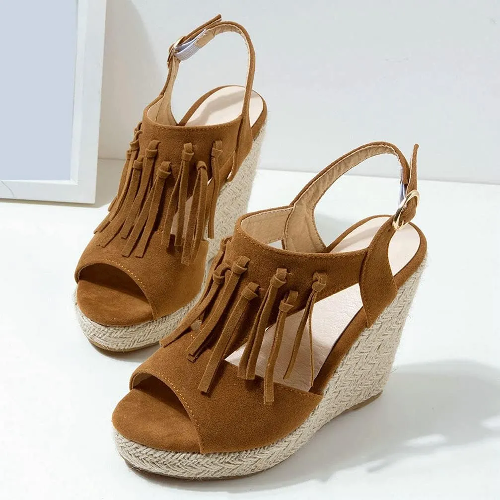 KOKOMOMO Womens Faux Suede Tassel Wedge Espadrille Platform Peep Toe Cutout Sandals