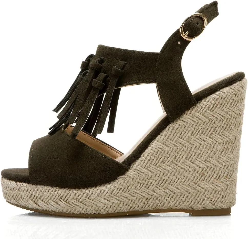 KOKOMOMO Womens Faux Suede Tassel Wedge Espadrille Platform Peep Toe Cutout Sandals