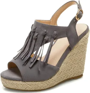 KOKOMOMO Womens Faux Suede Tassel Wedge Espadrille Platform Peep Toe Cutout Sandals