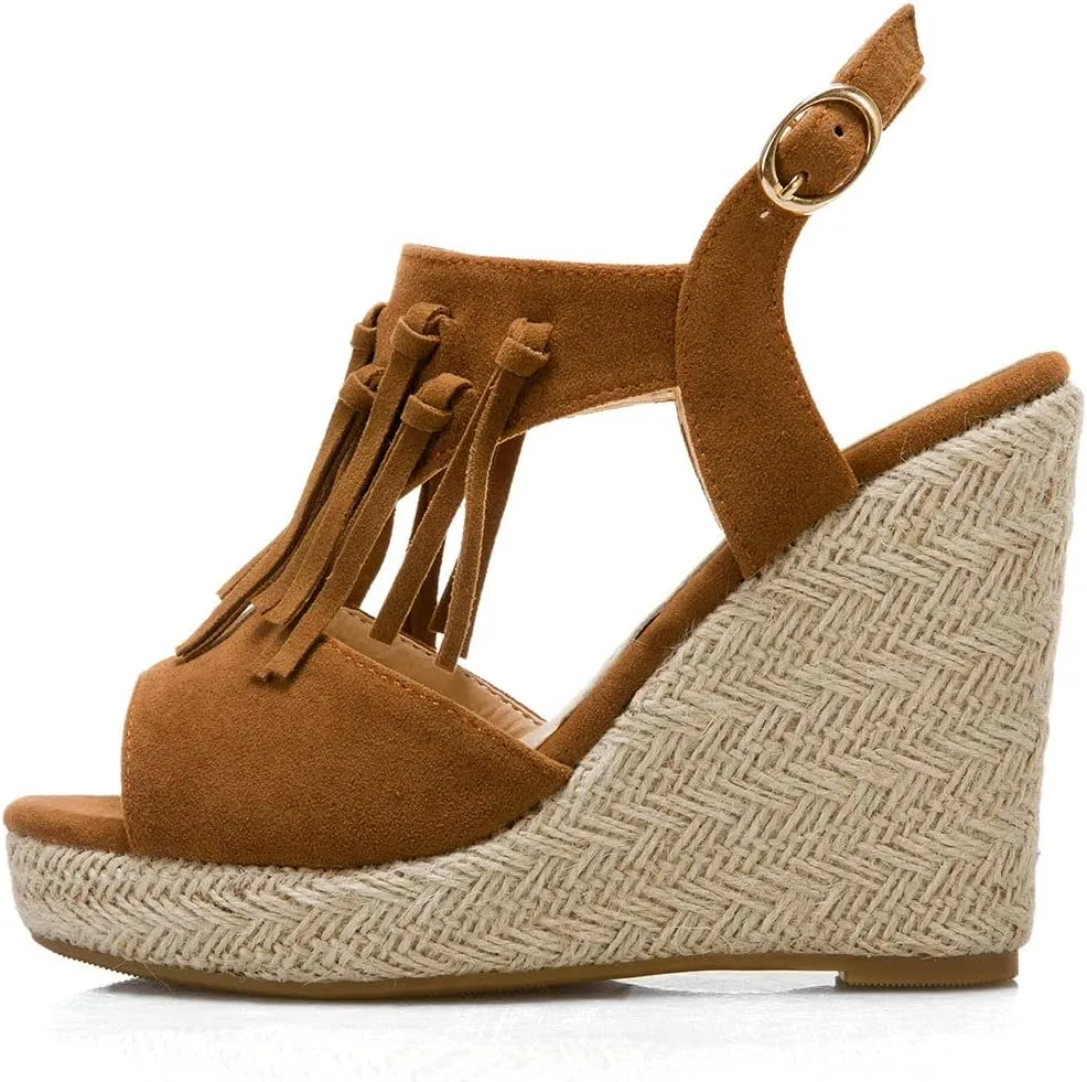 KOKOMOMO Womens Faux Suede Tassel Wedge Espadrille Platform Peep Toe Cutout Sandals