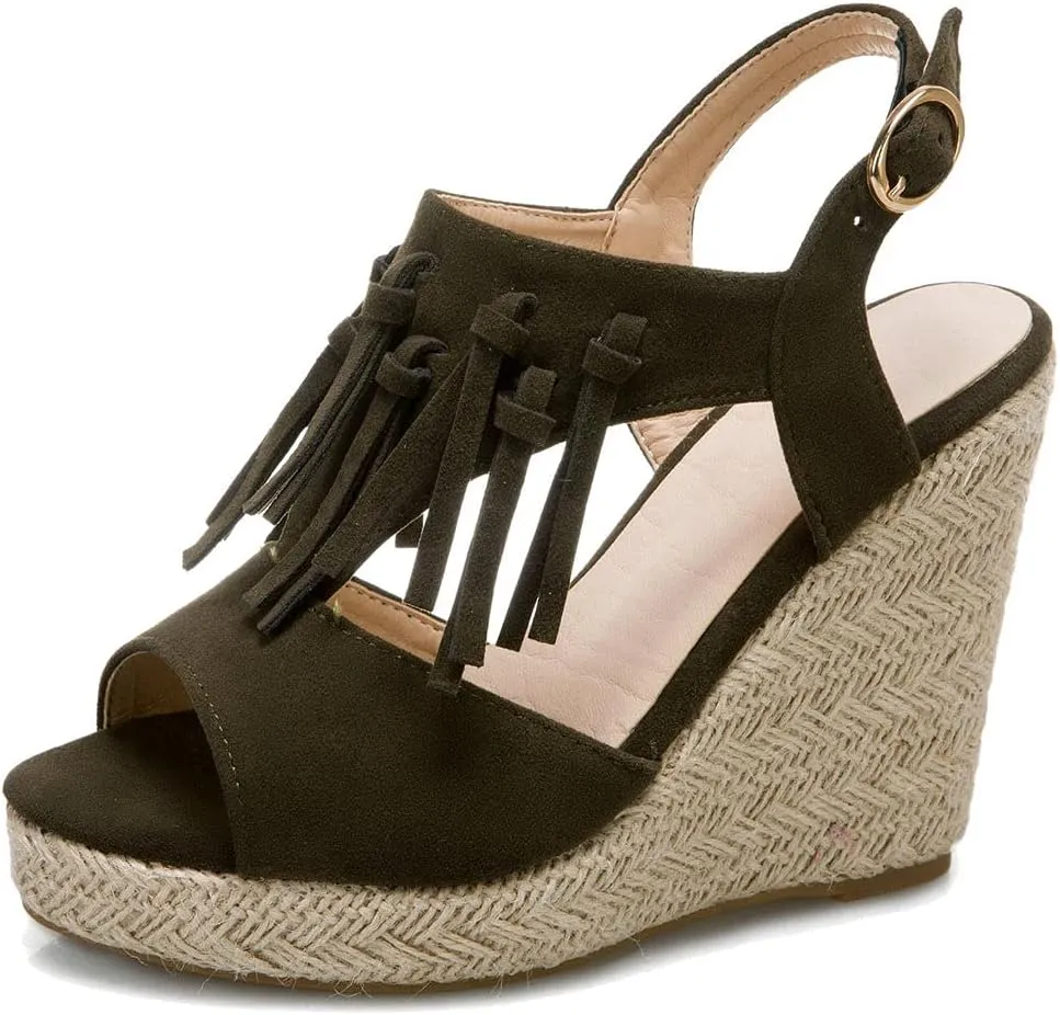 KOKOMOMO Womens Faux Suede Tassel Wedge Espadrille Platform Peep Toe Cutout Sandals