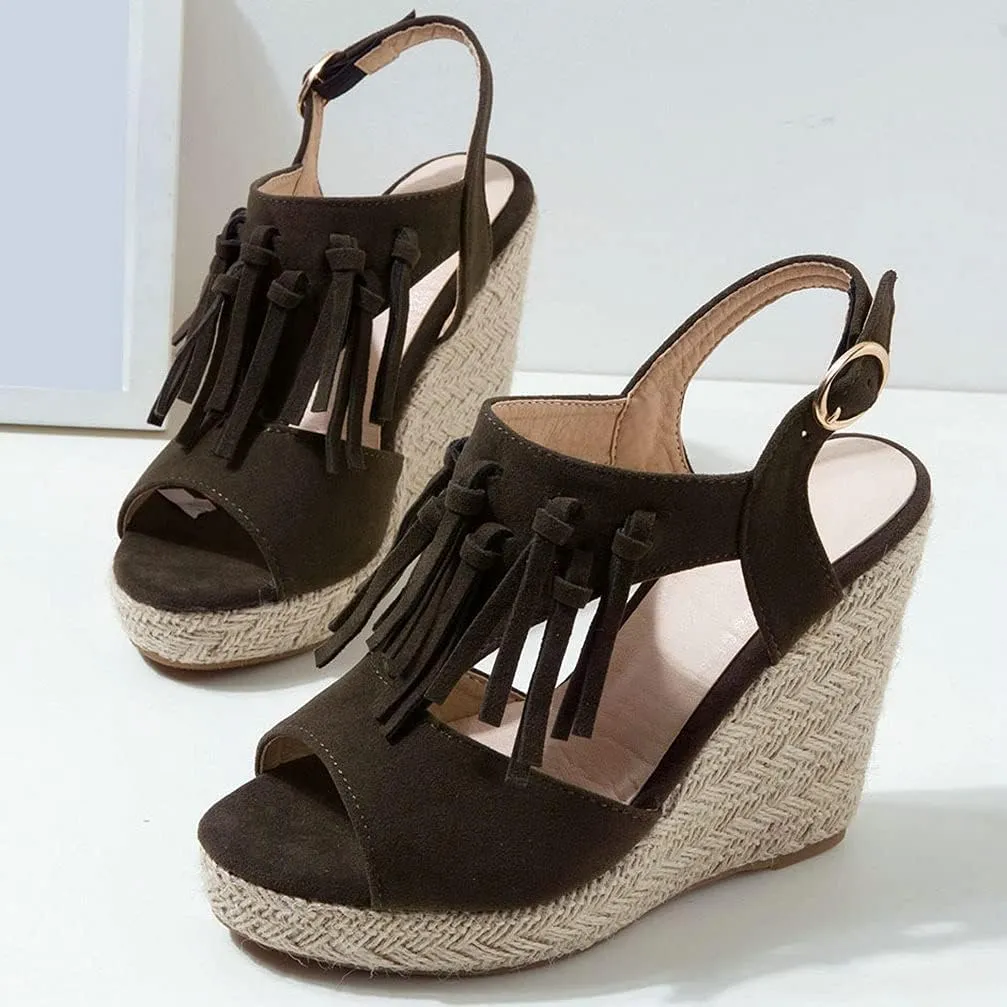KOKOMOMO Womens Faux Suede Tassel Wedge Espadrille Platform Peep Toe Cutout Sandals
