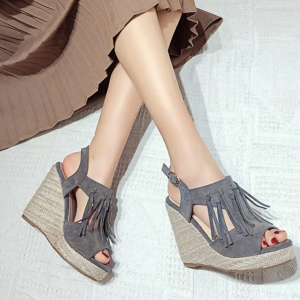 KOKOMOMO Womens Faux Suede Tassel Wedge Espadrille Platform Peep Toe Cutout Sandals