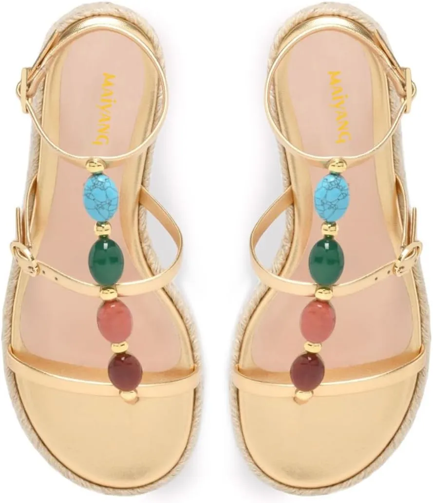 Maiyang Women Charming Jewelled T-Strap Espadrille Platform Sandals Open Toe Buckled Summer Beach Daily Casual Shoes Size 4-16 US