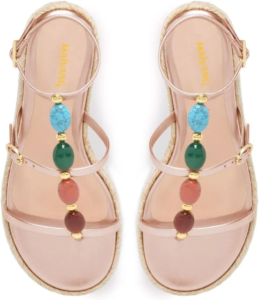 Maiyang Women Charming Jewelled T-Strap Espadrille Platform Sandals Open Toe Buckled Summer Beach Daily Casual Shoes Size 4-16 US