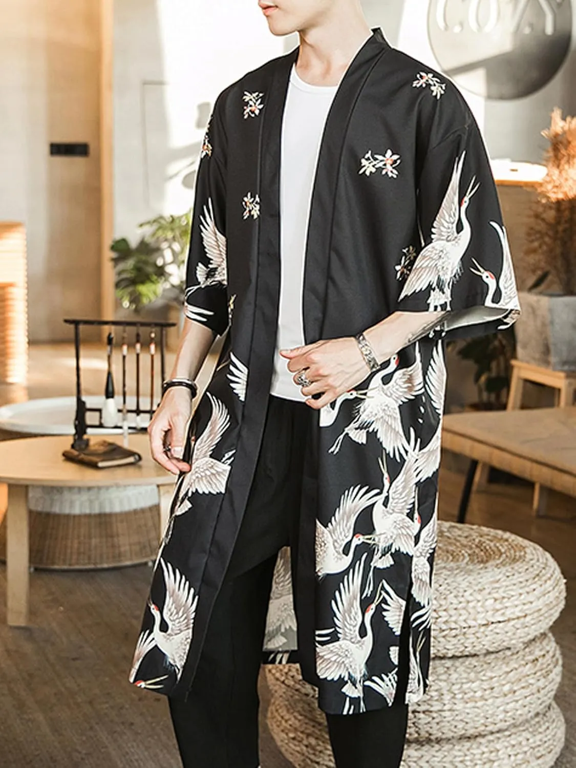 Men Japanese Kimono Coat Loose Yukata Outwear Long Bathrobe Tops Vintage