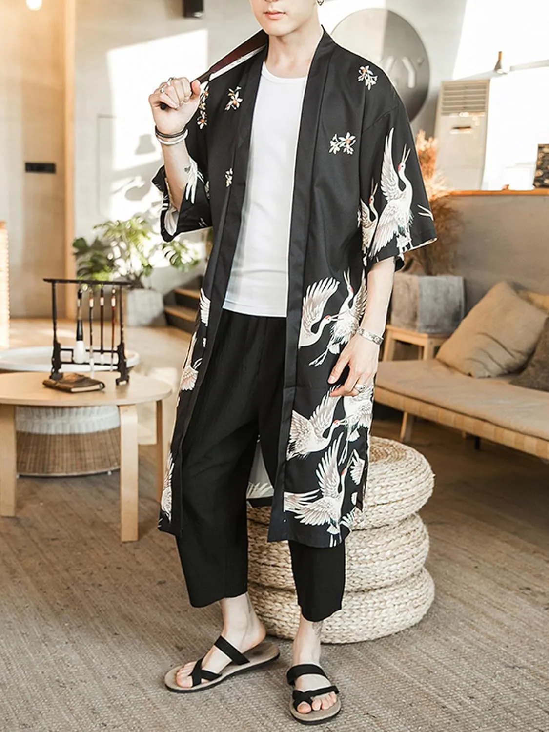 Men Japanese Kimono Coat Loose Yukata Outwear Long Bathrobe Tops Vintage