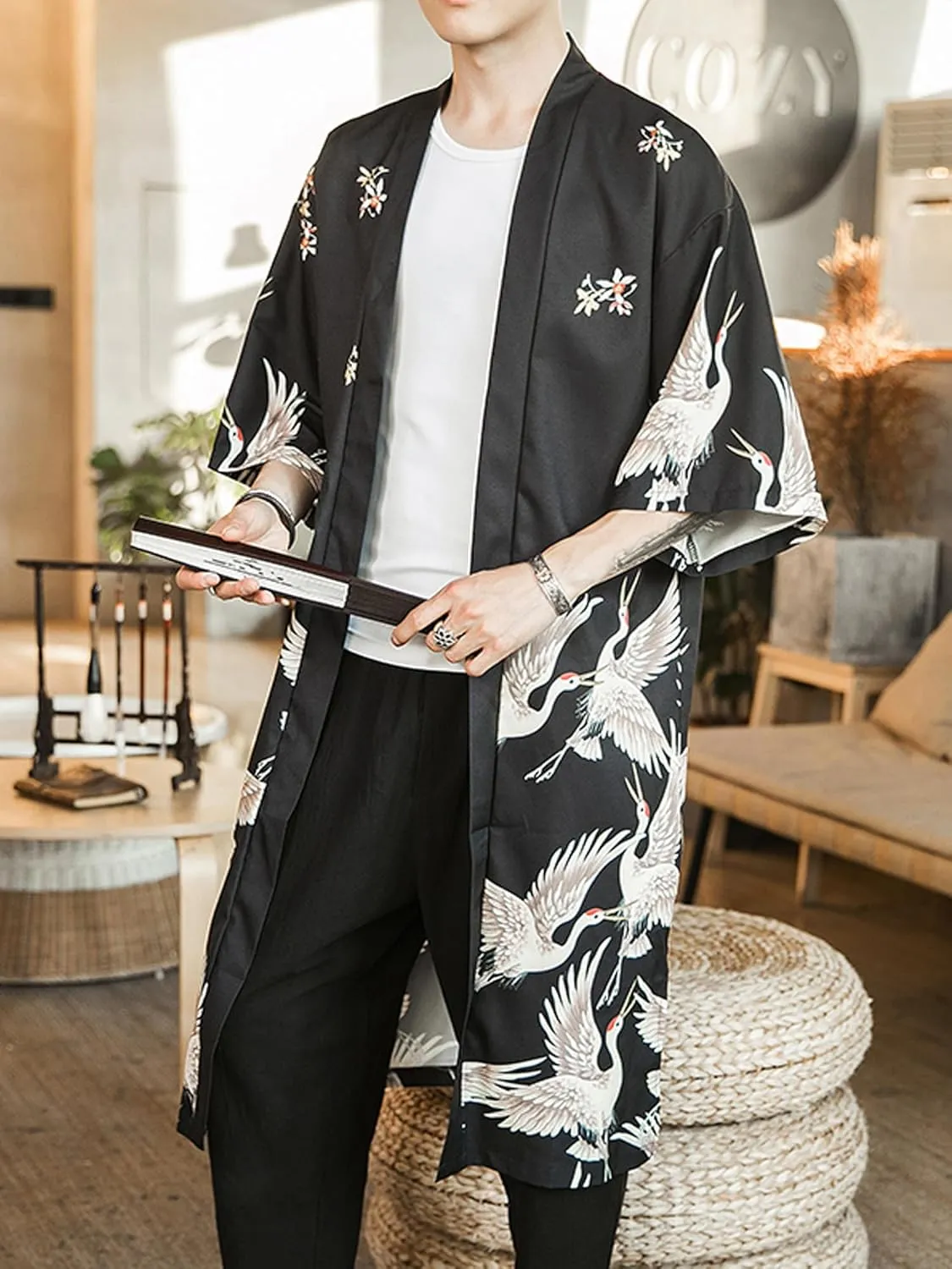 Men Japanese Kimono Coat Loose Yukata Outwear Long Bathrobe Tops Vintage
