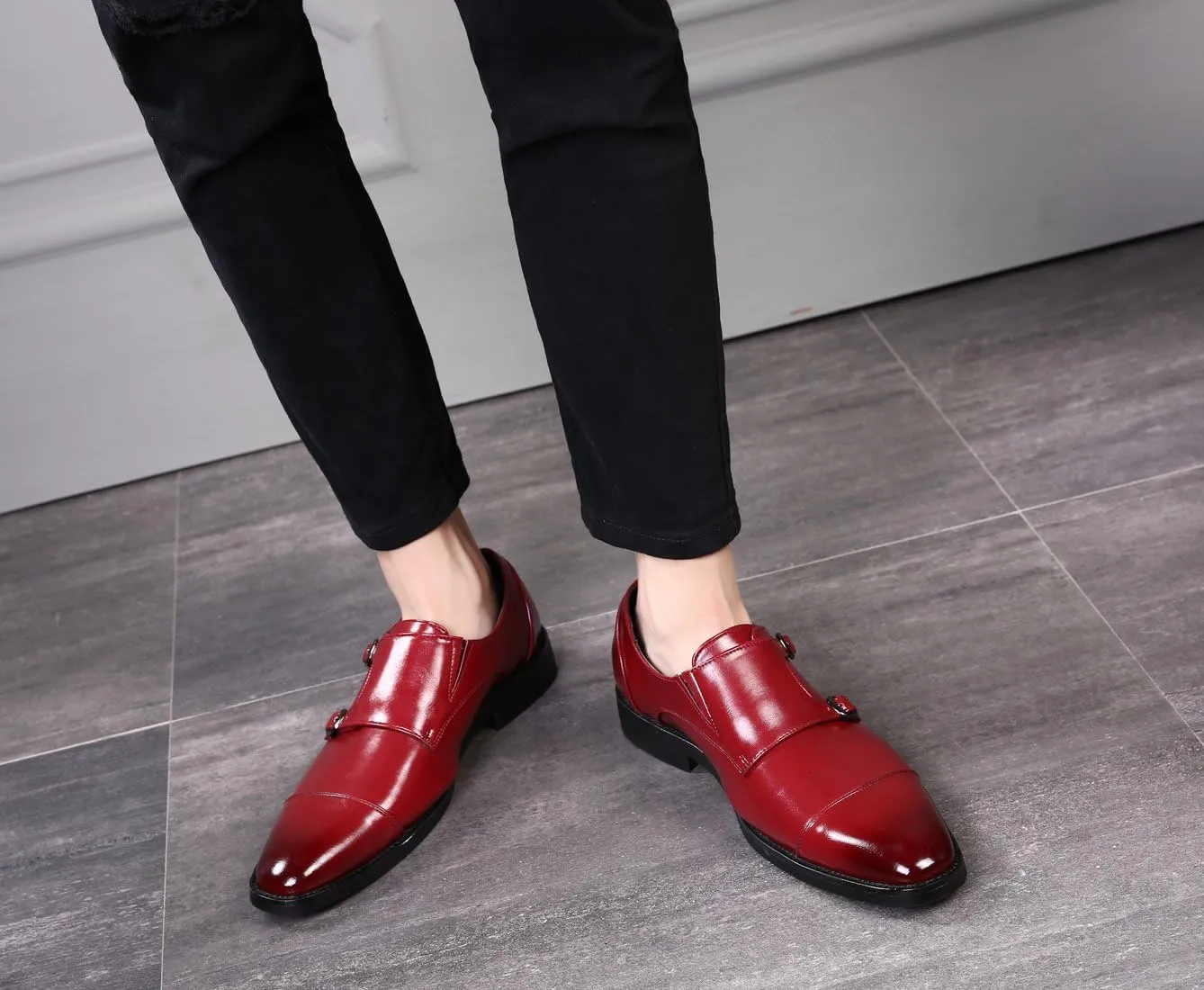 Mens Dress Shoes Italian Fashion Double Monk Strap Slip On Loafer Shoes Oxford Leather Shoes for Men