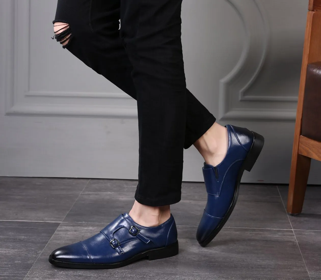 Mens Dress Shoes Italian Fashion Double Monk Strap Slip On Loafer Shoes Oxford Leather Shoes for Men