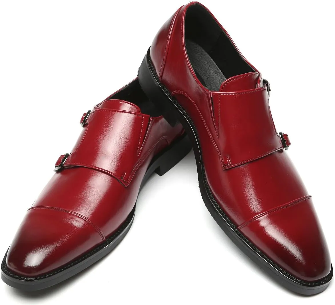 Mens Dress Shoes Italian Fashion Double Monk Strap Slip On Loafer Shoes Oxford Leather Shoes for Men