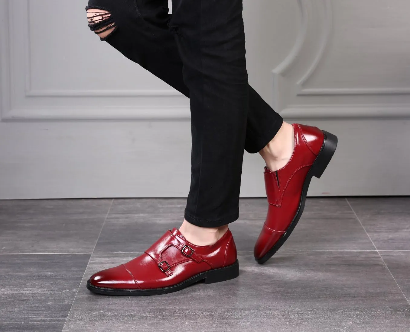 Mens Dress Shoes Italian Fashion Double Monk Strap Slip On Loafer Shoes Oxford Leather Shoes for Men