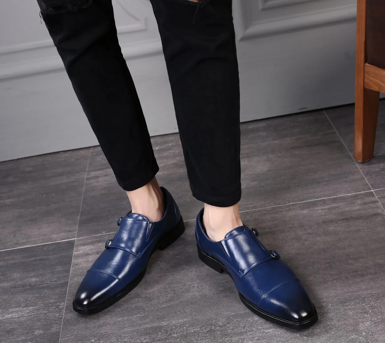 Mens Dress Shoes Italian Fashion Double Monk Strap Slip On Loafer Shoes Oxford Leather Shoes for Men