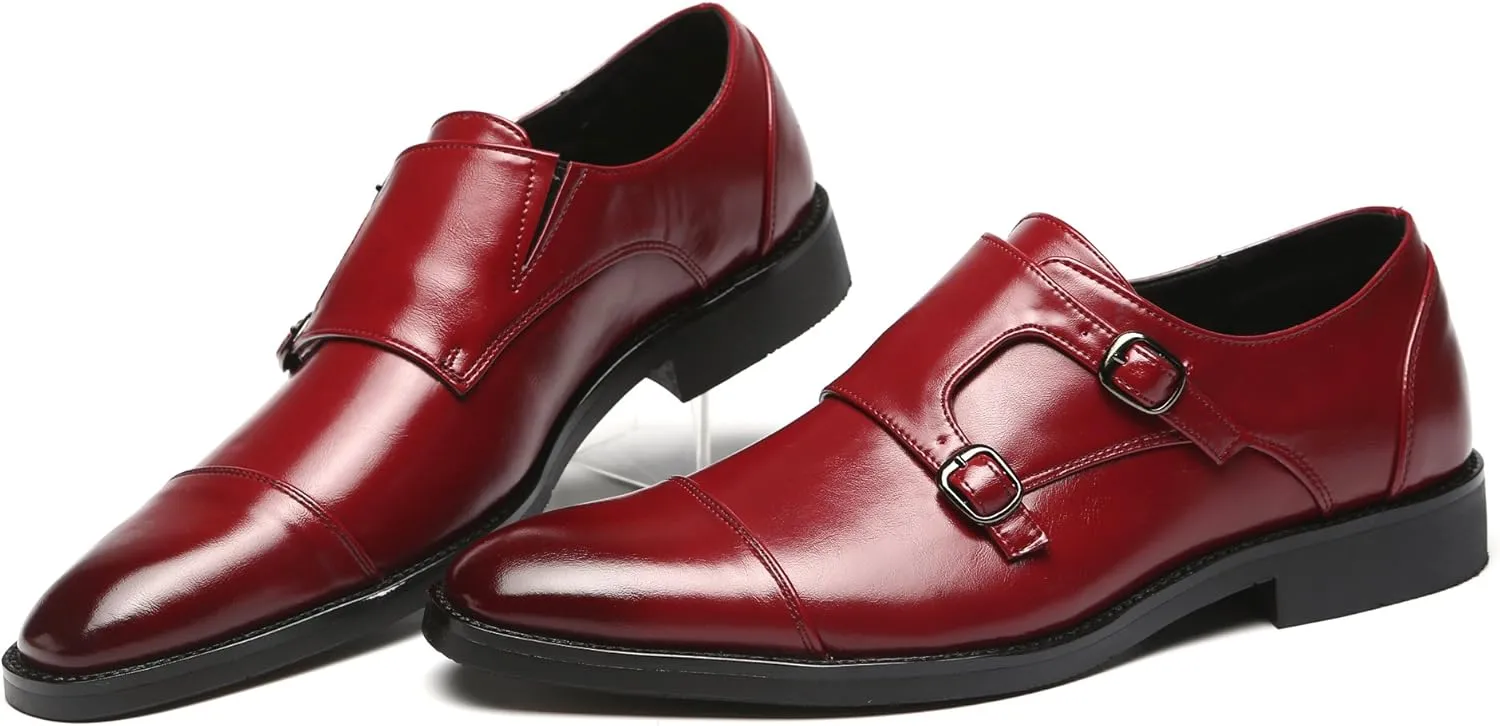 Mens Dress Shoes Italian Fashion Double Monk Strap Slip On Loafer Shoes Oxford Leather Shoes for Men