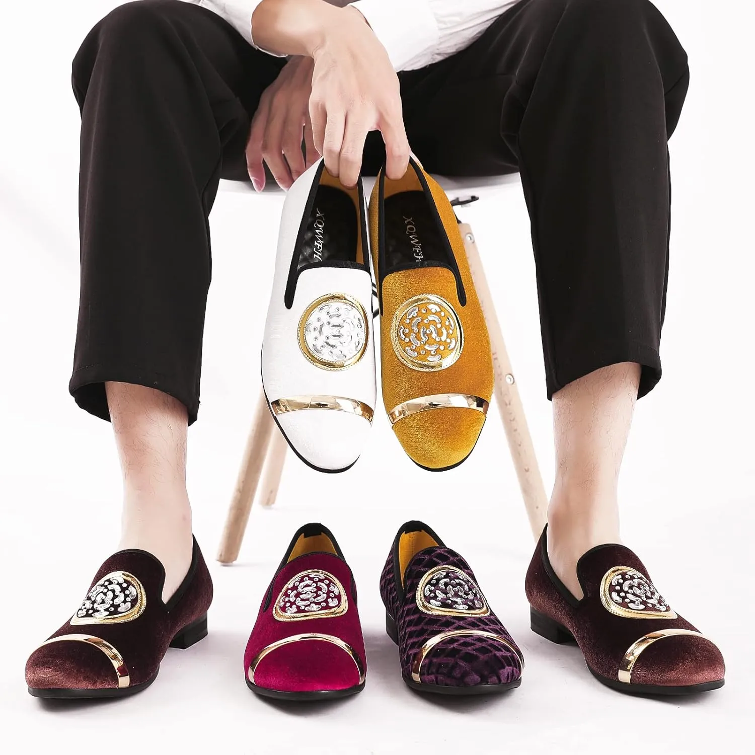 Mens Rhinestone Loafers Velvet Tuxedo Dress Shoes with Gold Plate Smoking Slippers Slip-On Penny Party Wedding Casual Shoes