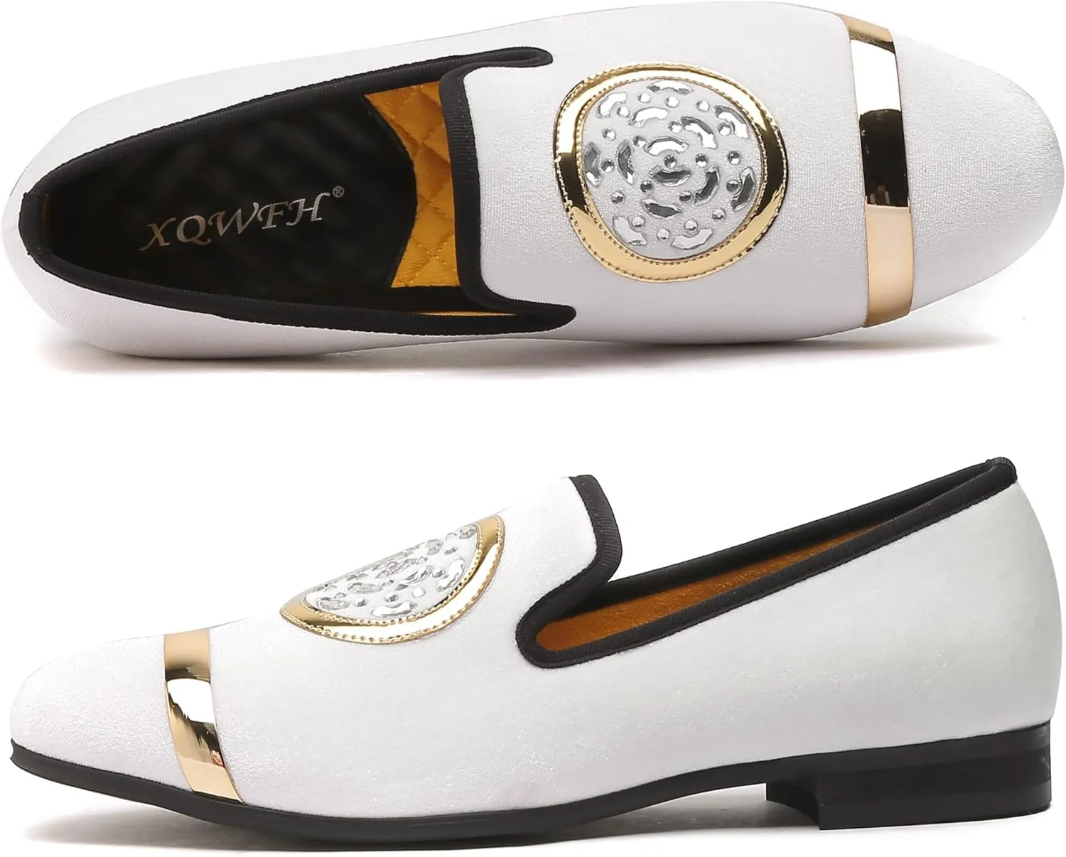 Mens Rhinestone Loafers Velvet Tuxedo Dress Shoes with Gold Plate Smoking Slippers Slip-On Penny Party Wedding Casual Shoes