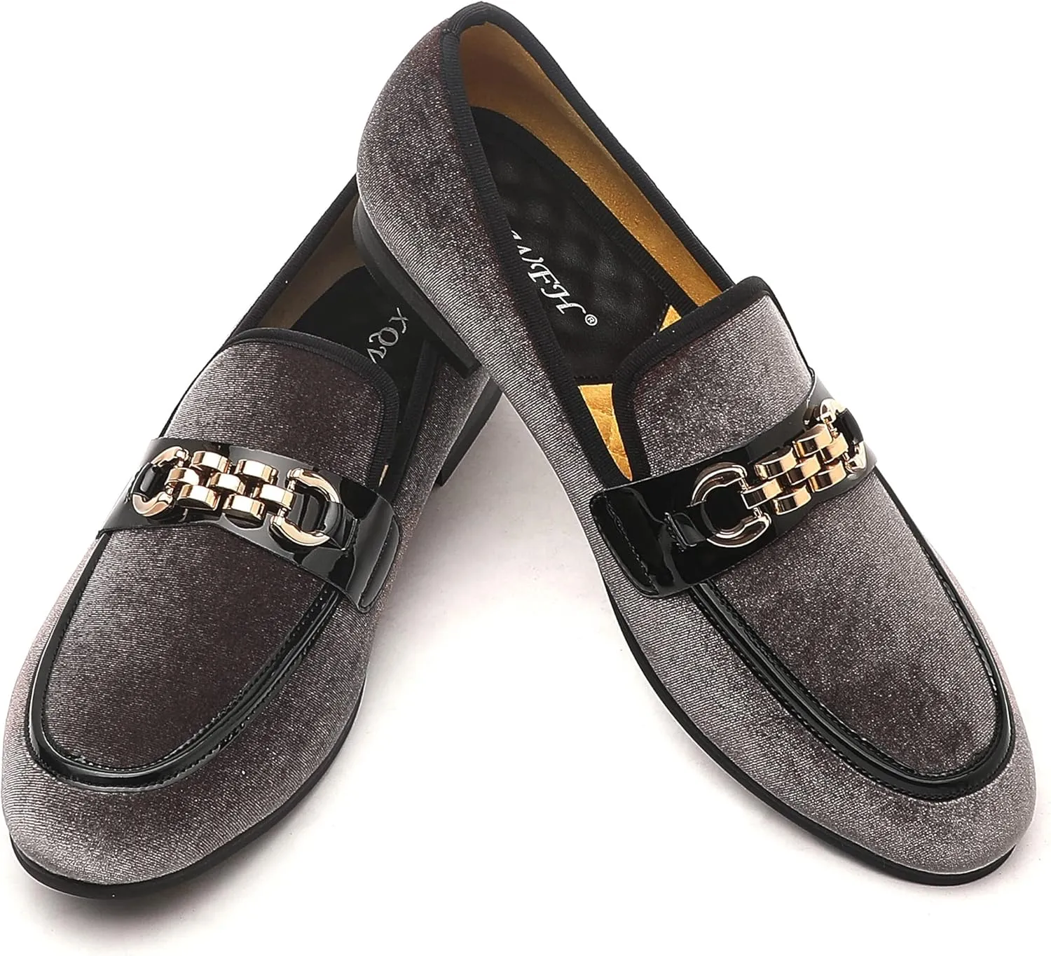 Men's Velvet Loafers,Mens Dress Shoes with Gold Chain, Slip On Flats Smoking Slippers Penny Shoes for Men