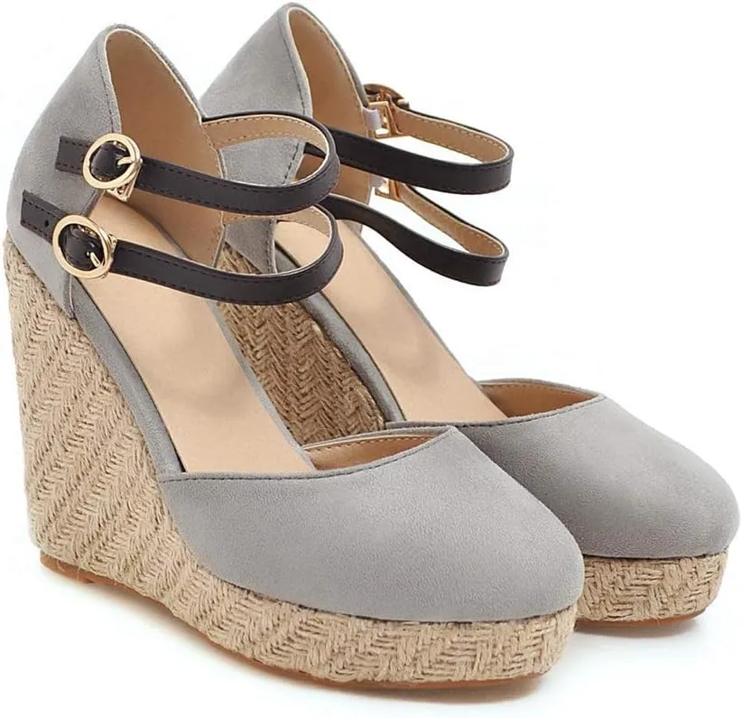 MIOKE Women's Espadrille Wedge Sandals Round Toe Buckle Ankle Strap Platform Chunky High Heel Dress Shoes