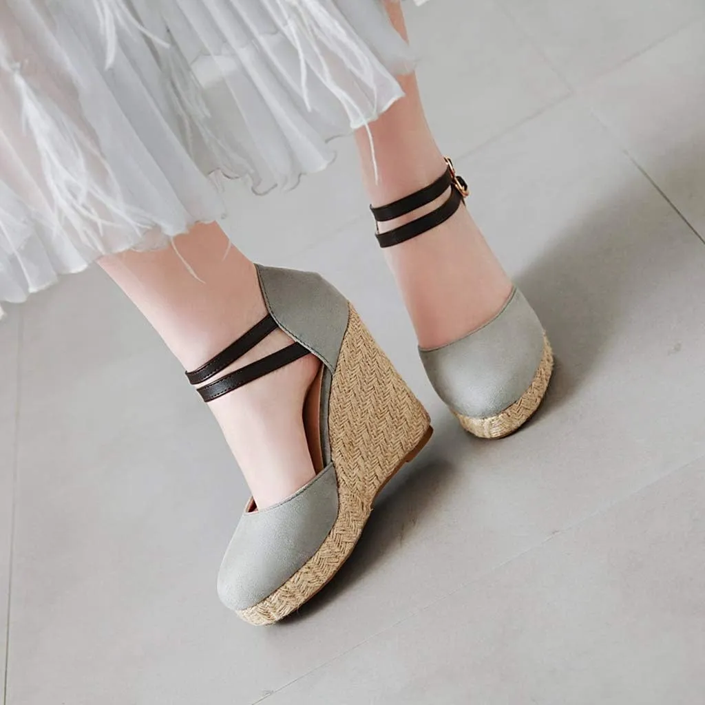 MIOKE Women's Espadrille Wedge Sandals Round Toe Buckle Ankle Strap Platform Chunky High Heel Dress Shoes