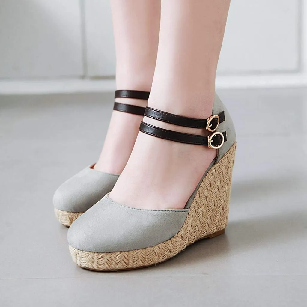 MIOKE Women's Espadrille Wedge Sandals Round Toe Buckle Ankle Strap Platform Chunky High Heel Dress Shoes