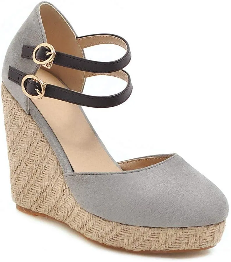 MIOKE Women's Espadrille Wedge Sandals Round Toe Buckle Ankle Strap Platform Chunky High Heel Dress Shoes