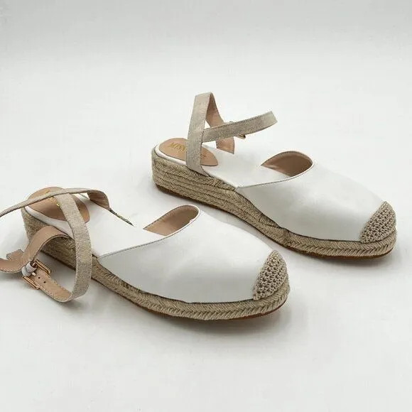 miss left White Platform Rounded Toe Espadrille Sandal Ankle Strap Mid Heel Shoe