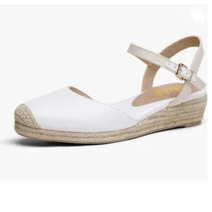 miss left White Platform Rounded Toe Espadrille Sandal Ankle Strap Mid Heel Shoe