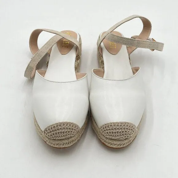 miss left White Platform Rounded Toe Espadrille Sandal Ankle Strap Mid Heel Shoe