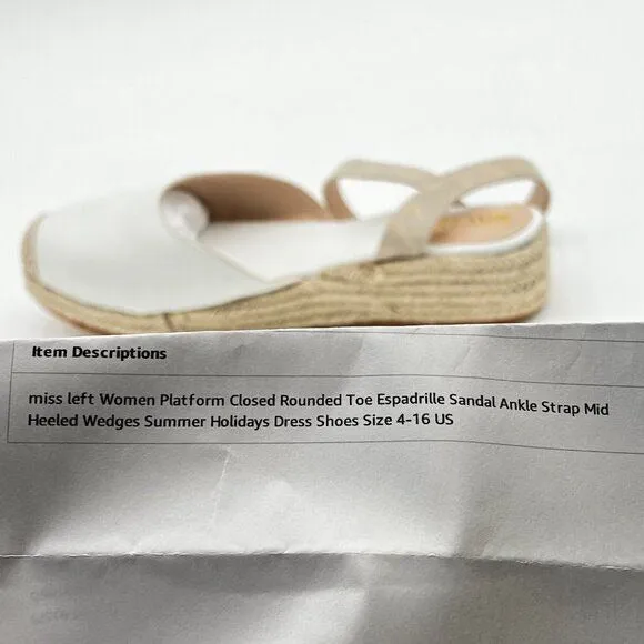 miss left White Platform Rounded Toe Espadrille Sandal Ankle Strap Mid Heel Shoe