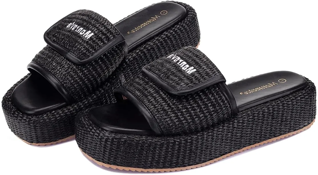 Monrovia Platform Sandals for Women, Wedge Espadrille Slides with Raffia Straw, Comfortable Brown Summer Sandals for Beach, Walking, Camping, Vacation