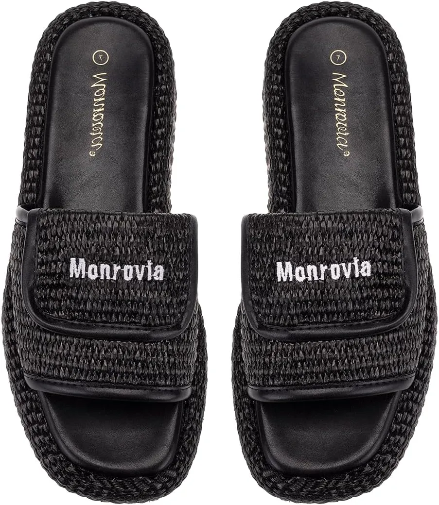 Monrovia Platform Sandals for Women, Wedge Espadrille Slides with Raffia Straw, Comfortable Brown Summer Sandals for Beach, Walking, Camping, Vacation