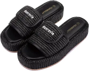 Monrovia Platform Sandals for Women, Wedge Espadrille Slides with Raffia Straw, Comfortable Brown Summer Sandals for Beach, Walking, Camping, Vacation