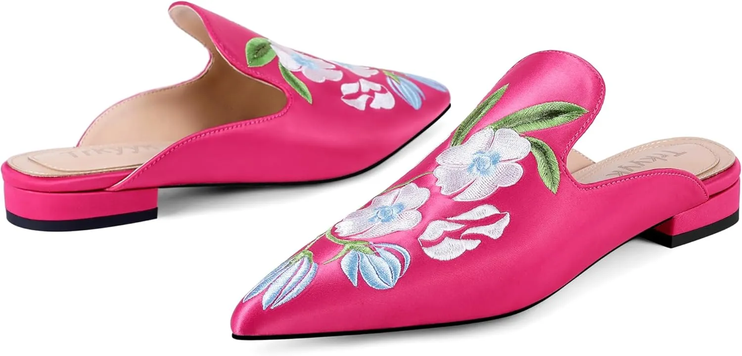 Mules for Women Pointed Toe Embroidered Shoes Satin Comfortable Flats Backless Loafers