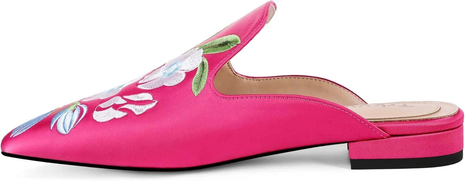 Mules for Women Pointed Toe Embroidered Shoes Satin Comfortable Flats Backless Loafers