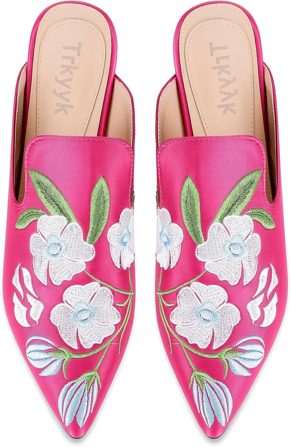 Mules for Women Pointed Toe Embroidered Shoes Satin Comfortable Flats Backless Loafers