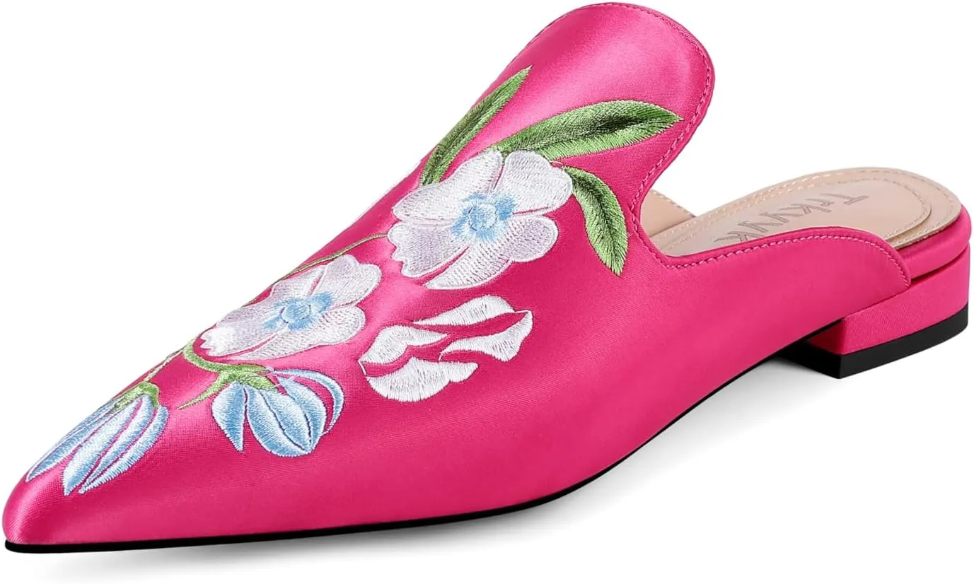 Mules for Women Pointed Toe Embroidered Shoes Satin Comfortable Flats Backless Loafers