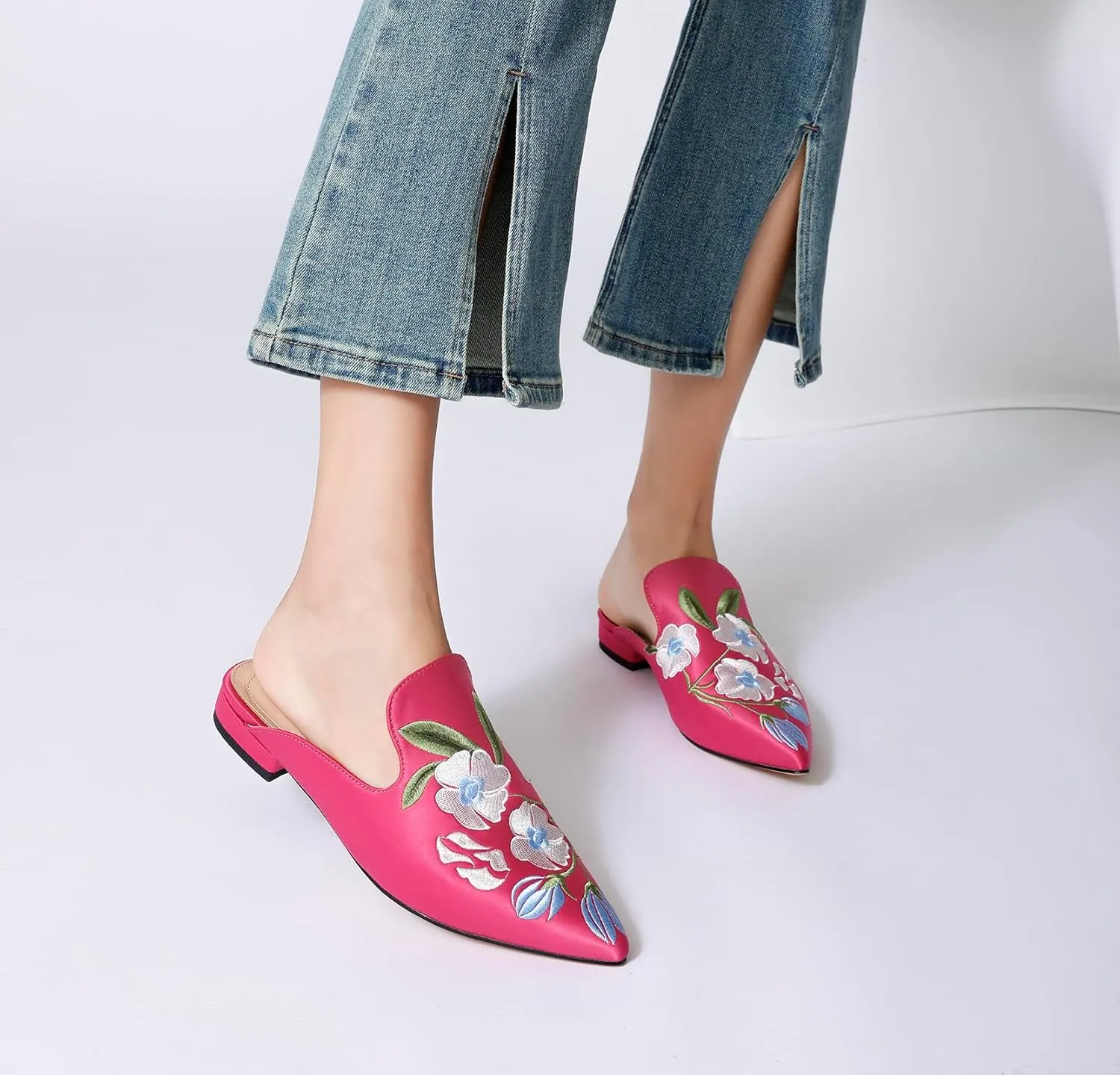 Mules for Women Pointed Toe Embroidered Shoes Satin Comfortable Flats Backless Loafers