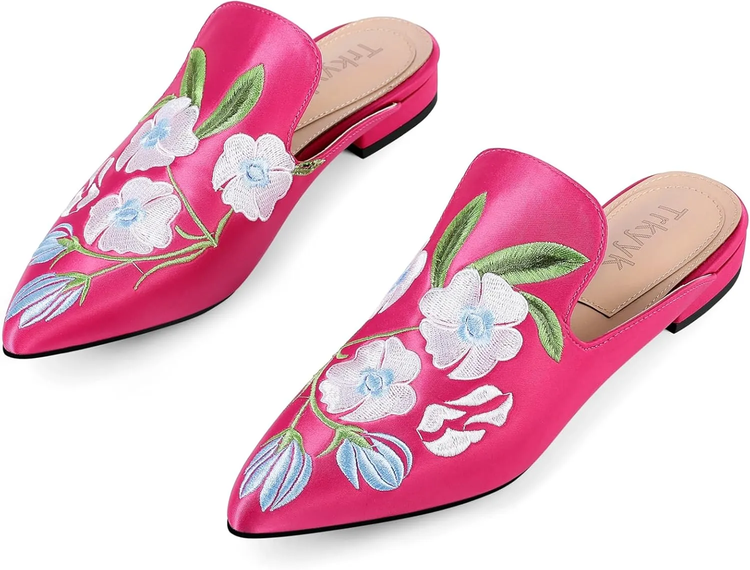 Mules for Women Pointed Toe Embroidered Shoes Satin Comfortable Flats Backless Loafers