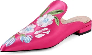 Mules for Women Pointed Toe Embroidered Shoes Satin Comfortable Flats Backless Loafers