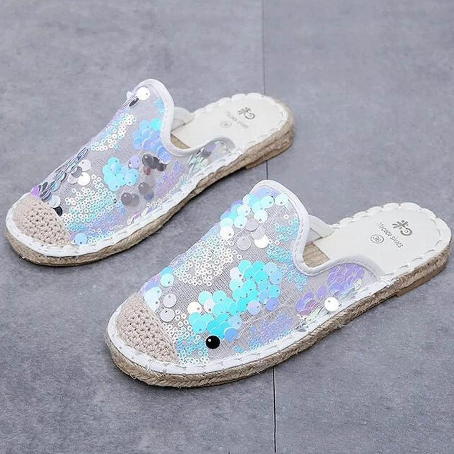 oiangi Sparkly Glitter Sandals for Women Casual Summer Closed Toe Slip-on Espadrille Flat Slipper Elegant Comfortable Home Outdoor Shoes Flip Flops